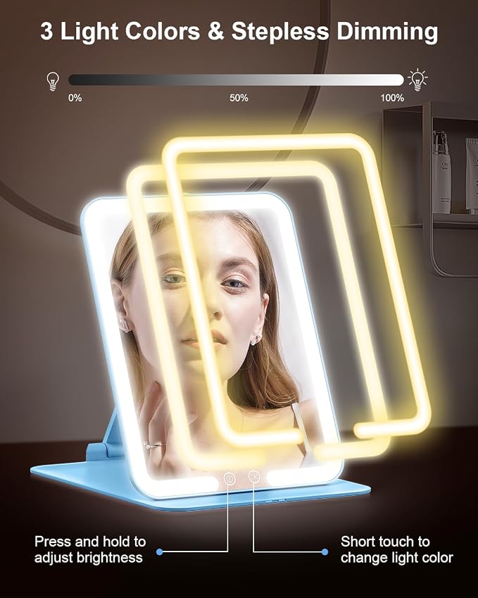 Gospire Travel Makeup Mirror with 3 Lights and Magnification 10X, Blue | Compact foldable LED mirror with smart auto sensor, Adjustable Stand, Dimmable, 2000mAh Rechargeable Lighted Vanity Mirror
