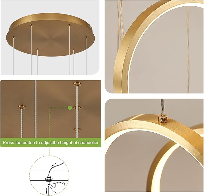Modern LED Chandelier 6 Ring Gold LED Pendant Light Adjustable Height Hanging Ceiling Light Fixture Dimmable Chandelier Ceiling Hanging for Foyer, Entryway (98.5in 3000K-6500K)
