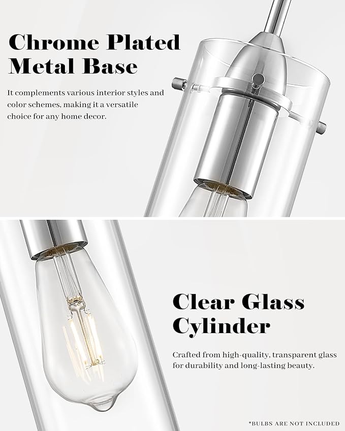 Chrome Pendant Lights Kitchen Island 3 Packs, Glass Pendant Light, Modern Clear Glass Pendant Light Fixture, Pendant Lights for Kitchen Island, Living Room, Bathroom