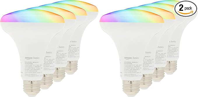 Amazon Basics Smart BR30 LED Light Bulbs, Color Changing, 9W (60W Equivalent), 800LM, Energy Efficient, Voice Control, Compatible with Alexa Only, 2.4 GHz Wi-Fi, No Hub Required, 8-Pack