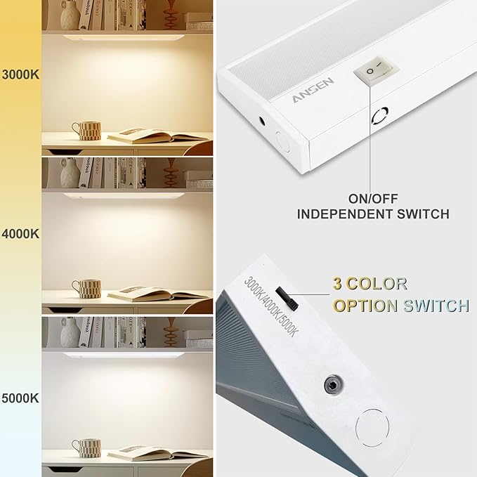 Ansen Hardwired Under Cabinet Lighting, 18IN 15W 998.4LM LED Light for Kitchen/Closet, CRI>92, R9>90, Dimmable, 3 Color Temperature, 3000K/4000K/5000K(Warm White, Cool White, Daylight)
