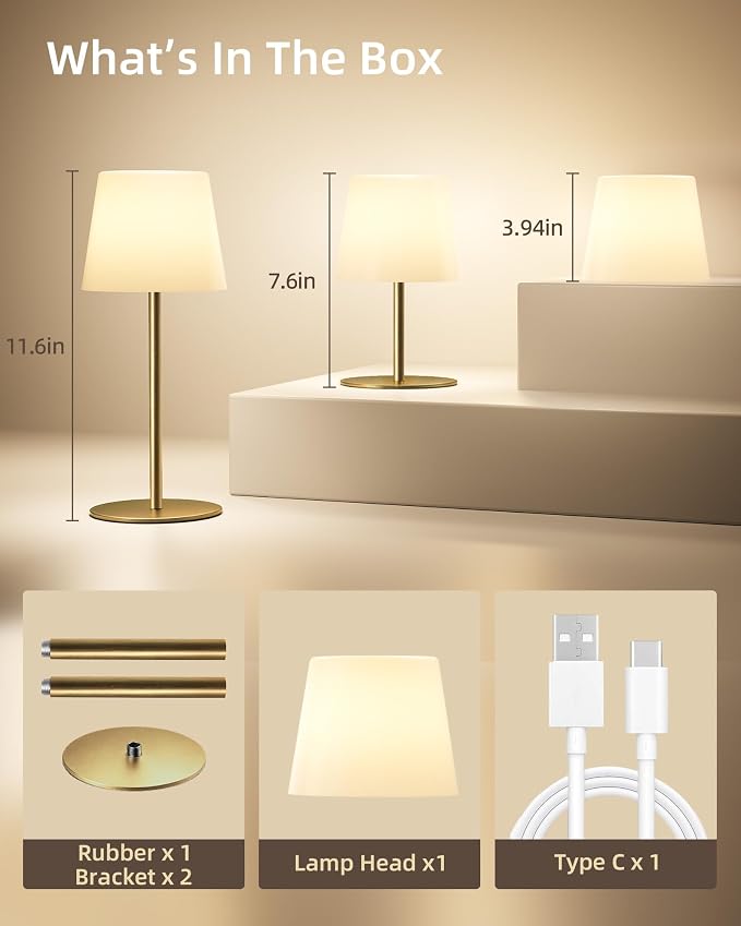 EZVALO Outdoor Cordless Table Lamp, IP65 Waterproof 4500mAh Rechargeble Shower Lamp, Dimmable Touch Lamp, LED Night Light Lamp for Bathroom Patio Camping Restaurant Home 1 Pack (Gold)