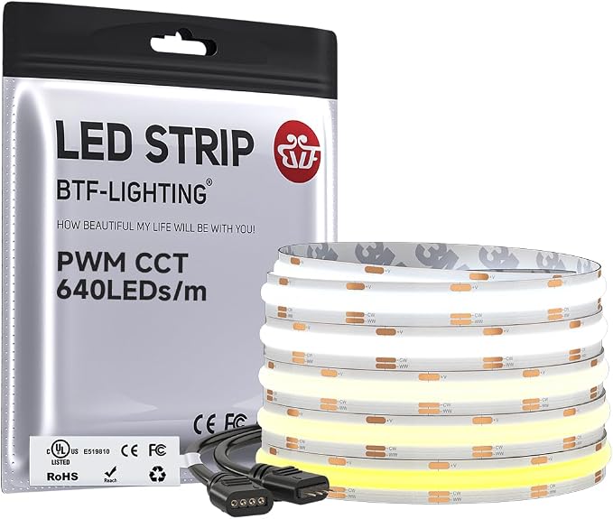 BTF-LIGHTING UL Listed Tunable White 3000K-6000K COB LED Strip Light,DC12V 16.4FT Dimmable CCT Ultra Bright Flexible LED Tape Light for Home Kitchen Office DIY Lighting(No Adapter or Controller)