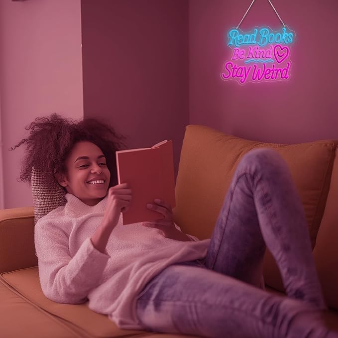 Read Books Be Kind Stay Weird Neon Sign Neon Signs for Wall Decor, Dimmable Read Books Neon Lights LED Sign, Bedroom Bookstore Reading Room Library Study Decoration 14.17 x 12.99 inch
