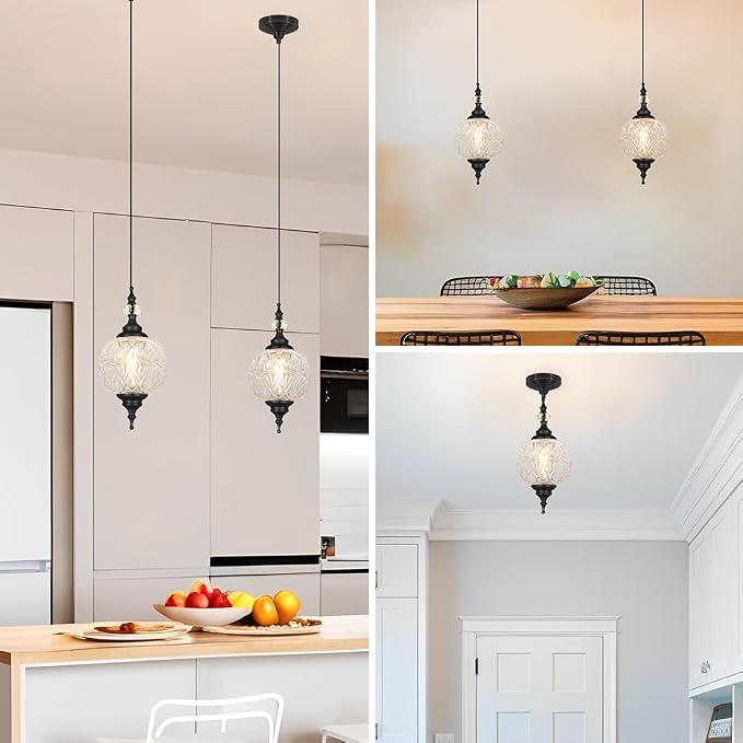 Pendant Lights Kitchen Island 2 Pack, Black Vintage Pendant Light with Detachable Glass Shade, Adjustable Hanging Light for Kitchen Island Lighting, Bathroom, Farmhouse, G9 Base (Bulbs Not Included)