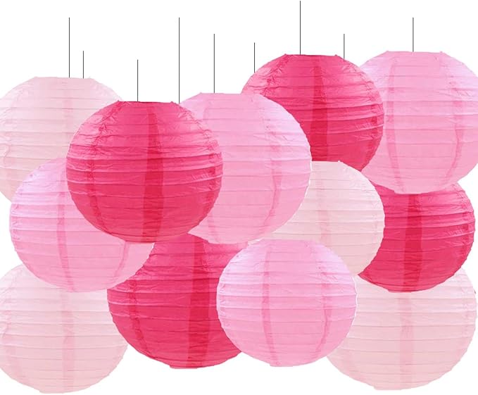 GAKA Pink Paper Lanterns Decorative,12pcs,4 inch 6 inch 8 inch 10 inch Round Paper Hanging Decorations,Chinese Lanterns Lamps for Wedding Birthday Home Classroom Party Decoration