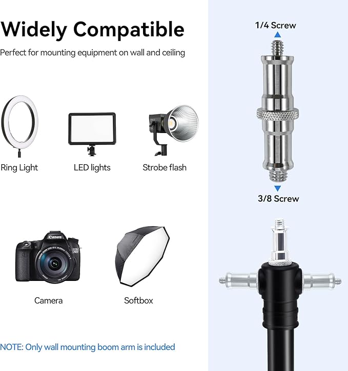 Takerers Ring Light Wall Mount, 3.6ft /43 inch Wall Ring Light Mount,180º Flexible Rotation, Triangle Boom Arm with 3/8 & 1/4 Screw for Photography Light, Monolight, Softbox, Umbrella, Reflector