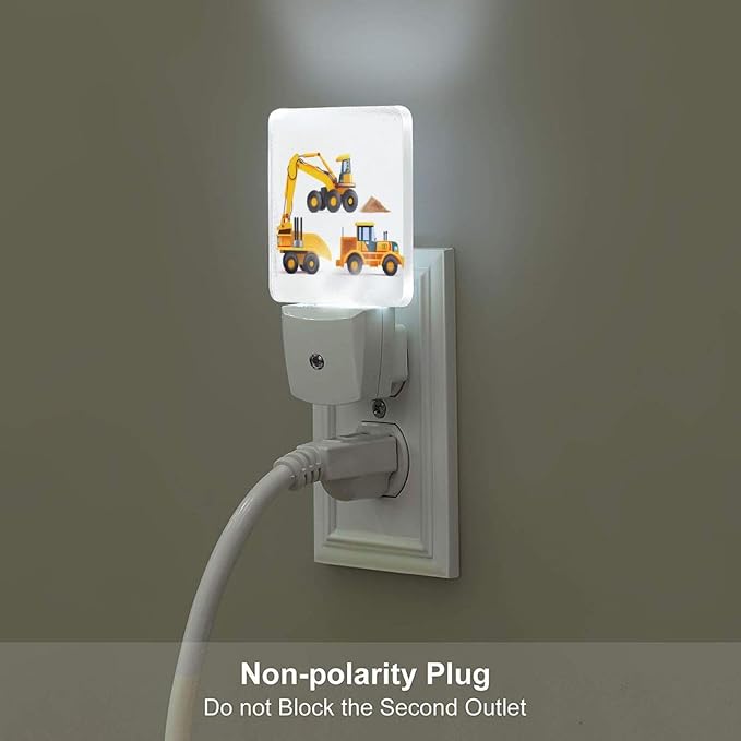 Machinery Excavator Truck and Loader LED Plug-in Night Lamp 2 Piece Set, Auto Sensor Cartoon Boy's Toy Nightlights Set of 2 for Bedroom Bathroom
