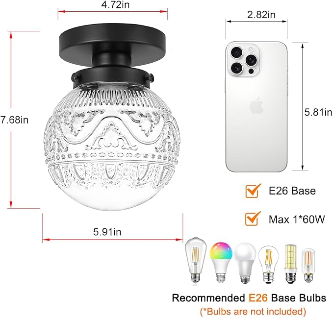 Daunton Semi Flush Mount Ceiling Light Fixtures, Vintage Globe Glass Ceiling Light Fixture, Antique Small Black Hallway Light Fixtures for Bedroom, Closet, Entryway, Bathroom, Kitchen