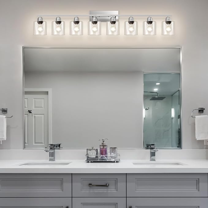 Modern Brushed Nickel 8 Light Bathroom Light Fixtures,52 inch Vanity Lights for Bathroom with Clear Glass, Bathroom Light Fixture for Mirror Kitchen Living Room Hallway Cabinet Porch