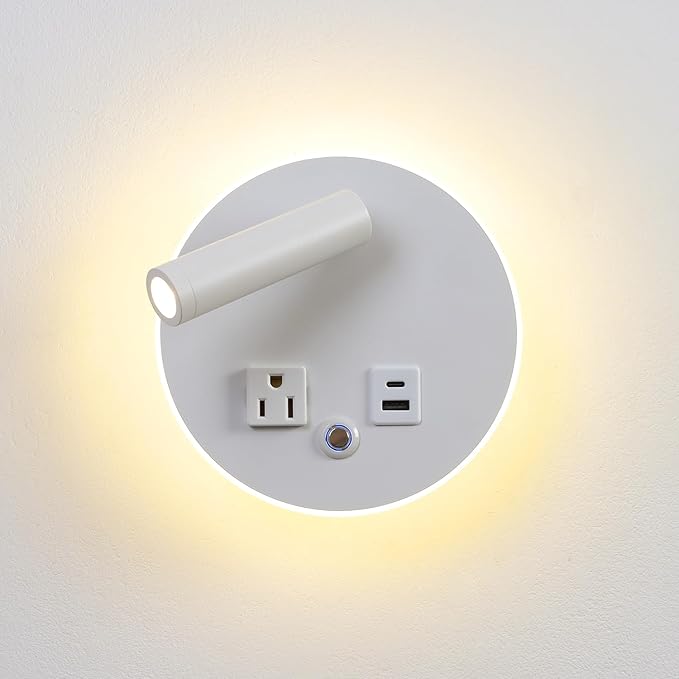 LED Round Wall Lamp Dimming Wall Mounted Reading Lights, Adjustable Headboard Plug in Wall Sconce with USB+USB C Ports, Headboard Bedside Lamp with 6W+3W Night Light 3000K (White)