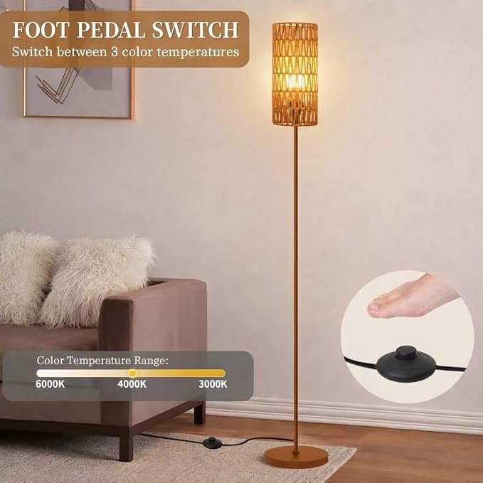 Ruiever Floor Lamp for Living Room,Farmhouse Floor lamp,Modern Standing lamp with Hand-Worked Rattan Shade (Brown Body with 3 Color Bulb)