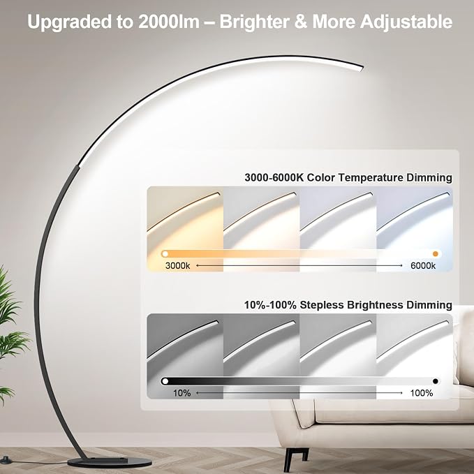 Nintiue Dimmable Floor Lamp with 3 Color Temperatures, Super Bright Arc Floor Lamps for Living Room, Modern Standing Tall Lamp with Remote Control Reading Floor Lamp for Bedroom Office.