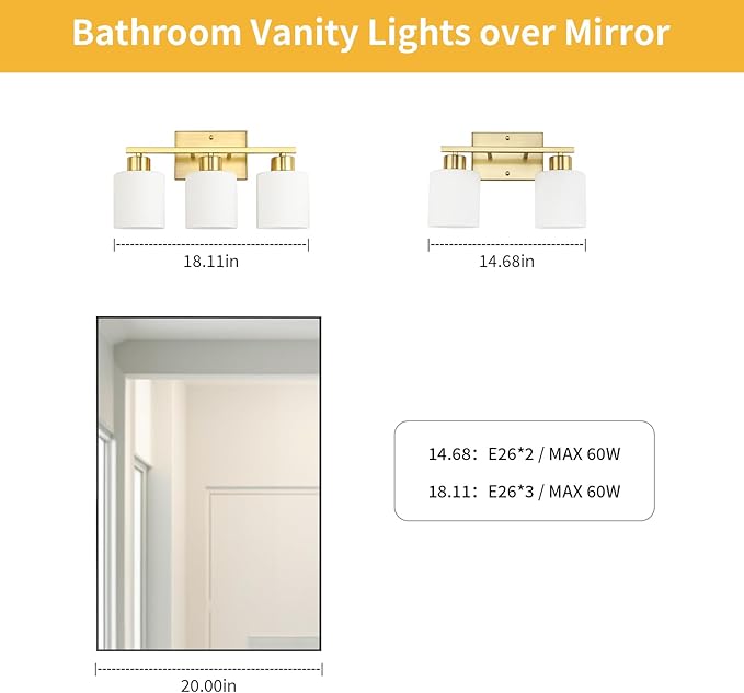 WILON 2 Light Brushed Gold Vanity Light, Bathroom Vanity Lighting Fixtures with Milk White Frosted Glass Shades, Modern Vanity Lights Over Mirror, E26 Wall Sconce for Restroom Living Room Bedroom