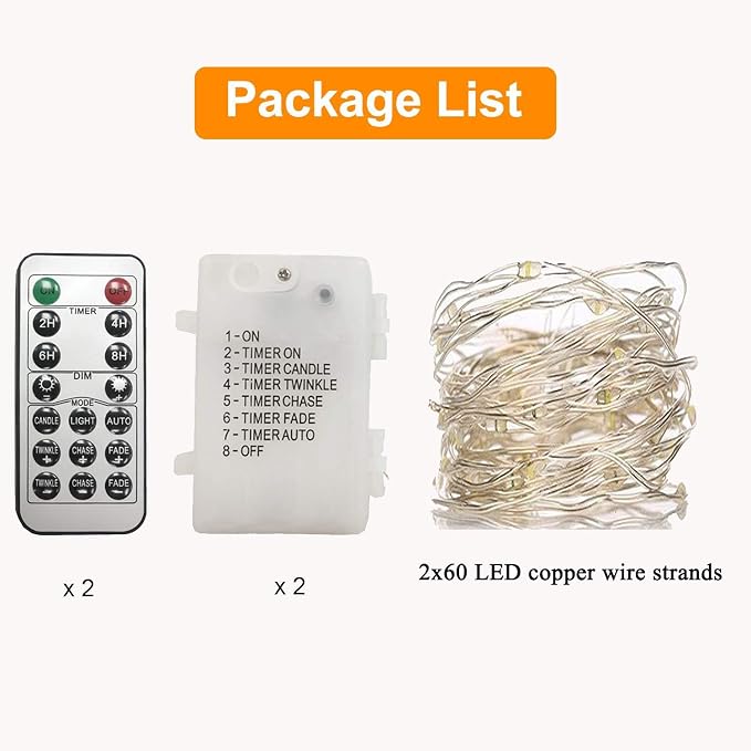 WSgift 2 Pack 20 Feet 60 Cold White Led Fairy Lights Battery Operated with Remote Control Timer Waterproof Silver Copper Wire Twinkle String Lights for Party Bedroom Wedding Christmas Decorations