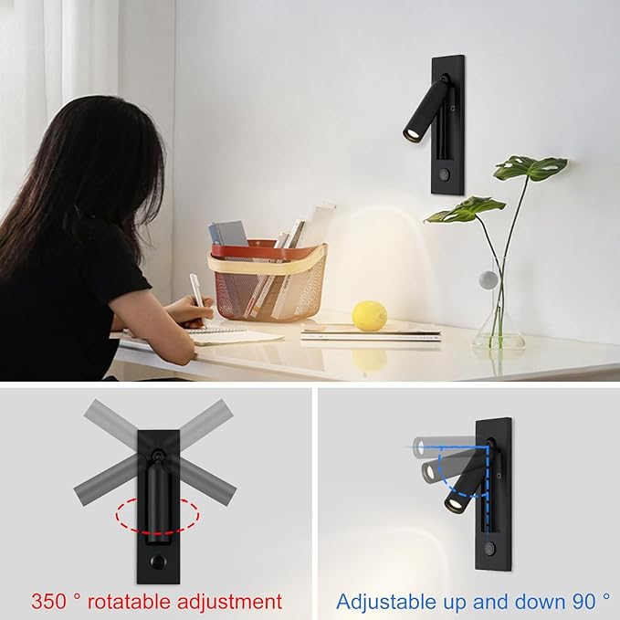LED Bedroom Lamp Headboard Wall Light Sconce, Bedside Reading Light Recessed Push Switch Wall Lamps, Hotel Bed Side Decorative Wall Sconces Spotlight, 360° Rotatable 92° Foldable (Black)