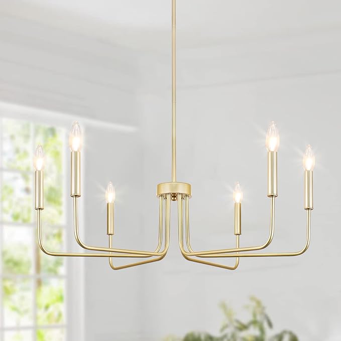 Gold Chandelier, 6-Light Farmhouse Chandeliers for Dining Room, Rustic Candle Chandelier Light Fixture, Industrial Modern Chandeliers Lighting for Kitchen Living Room Foyer Entrance