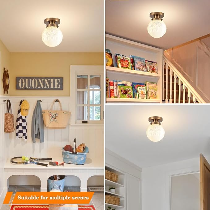 Daunton Semi Flush Mount Ceiling Light, Modern Globe Milk Glass Ceiling Light Fixture, Vintage Small Brass Gold Hallway Light Fixtures for Kitchen, Entryway, Bathroom, Clos