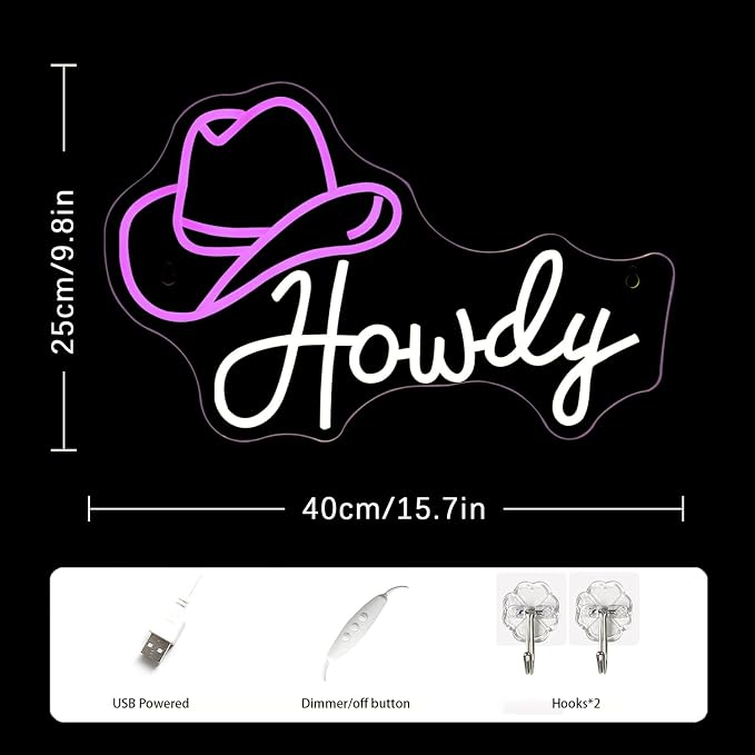 Cowboy Hat Neon Sign Howdy Cowboy Neon Signs Cool LED Neon Lights Dimmable Neon Signs USB Powered for Gameroom, Man Cave Beer Bar Cafe Recreation Room(Pink White)