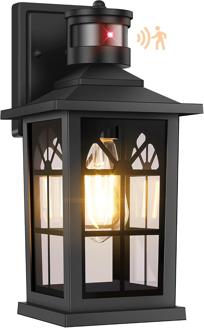 Motion Sensor Outdoor Wall Light Fixture, Dusk to Dawn Porch Light | Auto ON/OFF, 3 Lighting Modes, Waterproof, Rust-Resistant, Aluminum Frame & Sturdy Glass, Easy to Install