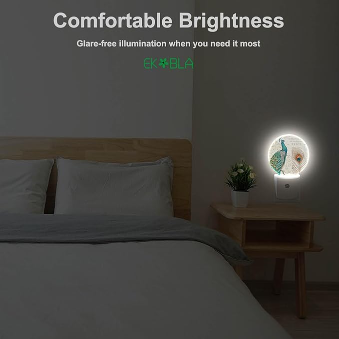 EKOBLA Peacock Floral Decorative Night Light Peacock Feather Retro Night Lights Plug into Wall Auto Sensor Led Lamp 0.5W Sleep Friendly for Girls Boys Men Women