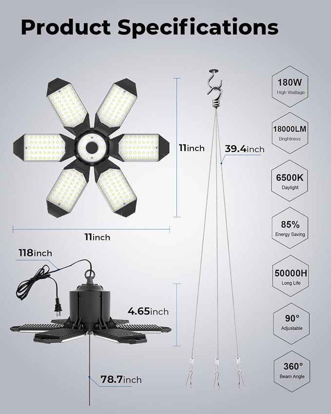 toberich 4 Pack Plug in Garage Light with Pull String 18000LM Shop Lights | 6500K Daylight, Linkable, 9.84FT Power Cable, Work Lights for Garage Workshop Utility Room