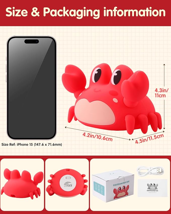 YISUN Crab Night Light for Kids, Silicone LED Dimmable Nursery Nightlight | Rechargeable Bedside Touch Light, Novelty Animal Lamp for Boys Girls Toddlers