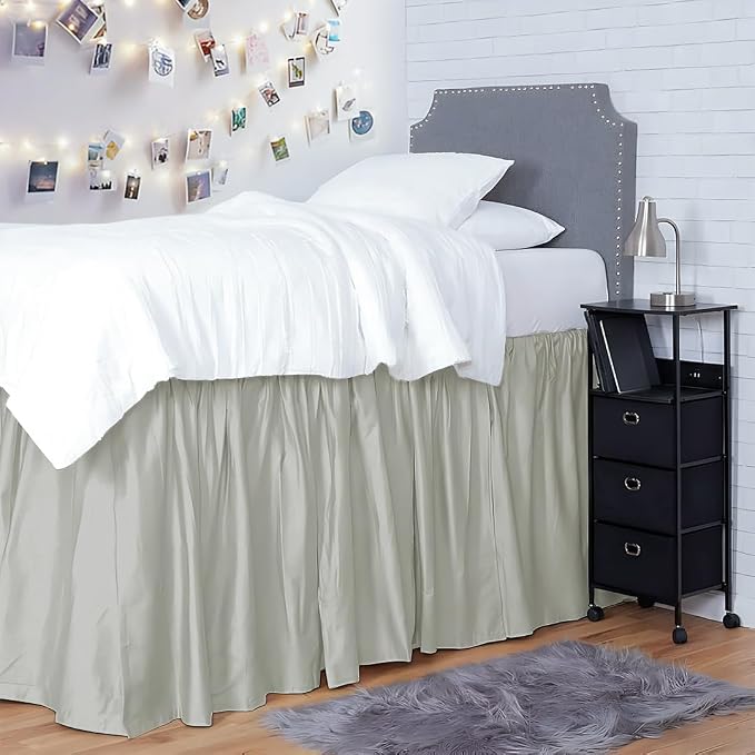 Shreem Linen Dorm Bed Skirt Twin XL, 32 Inch-Drop, 100% Microfiber Extra Long Bedskirt, Light Grey