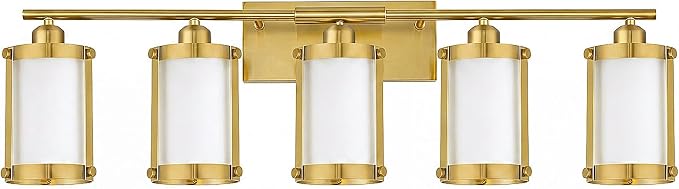 5-Light Brushed Gold Bathroom Light Fixtures Over Mirror with Frosted Milk Glass and Metal Cage Shade, 38" UL-Listed Modern Farmhouse Wall Sconce for Bath, Hardwire E26, OS-3014BGW-5W