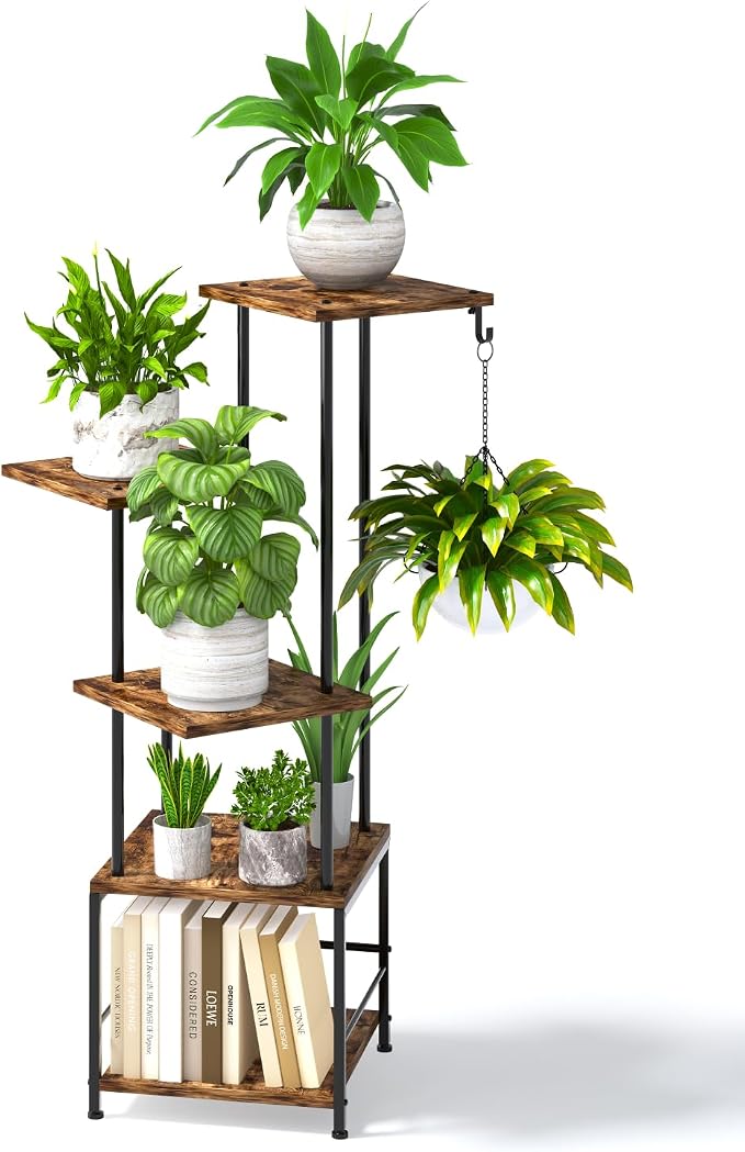 Plant Stand Indoor - 5-Tier Metal Plant Shelf with Hanging Basket Hook, Corner Tall Flower Holder for Multiple Plants, Living Room Balcony Garden Patio, Rustic Brown