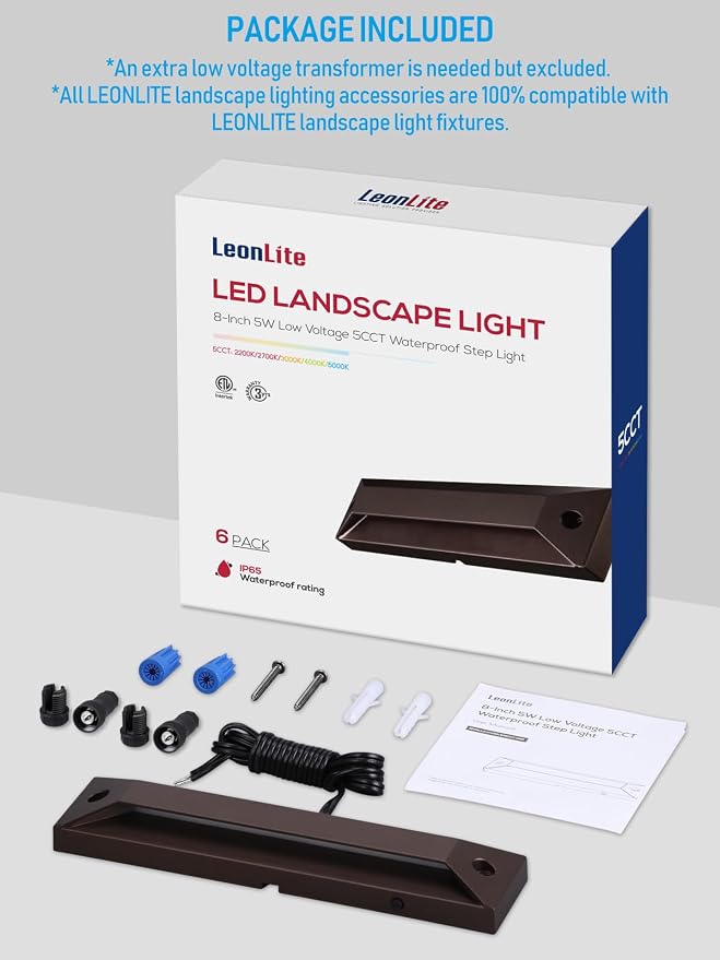 LEONLITE 6-Pack 8 Inch 5CCT Low Voltage LED Step Lights Outdoor | 1800K/2700K/3000K/4000K/5000K, 12-24V AC/DC, Surface Mount Deck Lights, IP65, for Yard Garden, Aluminum, Oil Rubbed Bronze