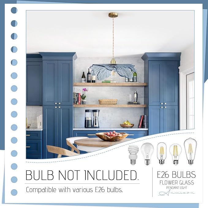 Modern Blue Glass Hanging Lighting 1-Light 15.7" Large Ceiling Pendant Light Art Decor Lampshade Modern Gold Brass Hanging Light for Kitchen Island Bedroom Dining Room