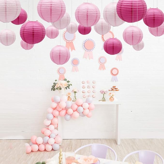 Pink Round Chinese Paper Lanterns Decorative, 15pcs Hanging Paper Lanterns for Birthday Party Valentines Day Bridal Shower Baby Shower Wedding & Girls Party Decorations Light Pink/Pink/Hot Pink