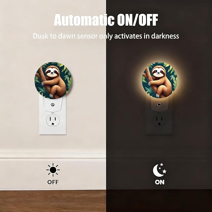 Plug-in Cute Sloth Night Light Tropical Jungle Nightlight with Dusk to Dawn Sensor, Auto On/Off 0.5W Energy-Saving LED Lighting for Men Women Boys Girls Gift
