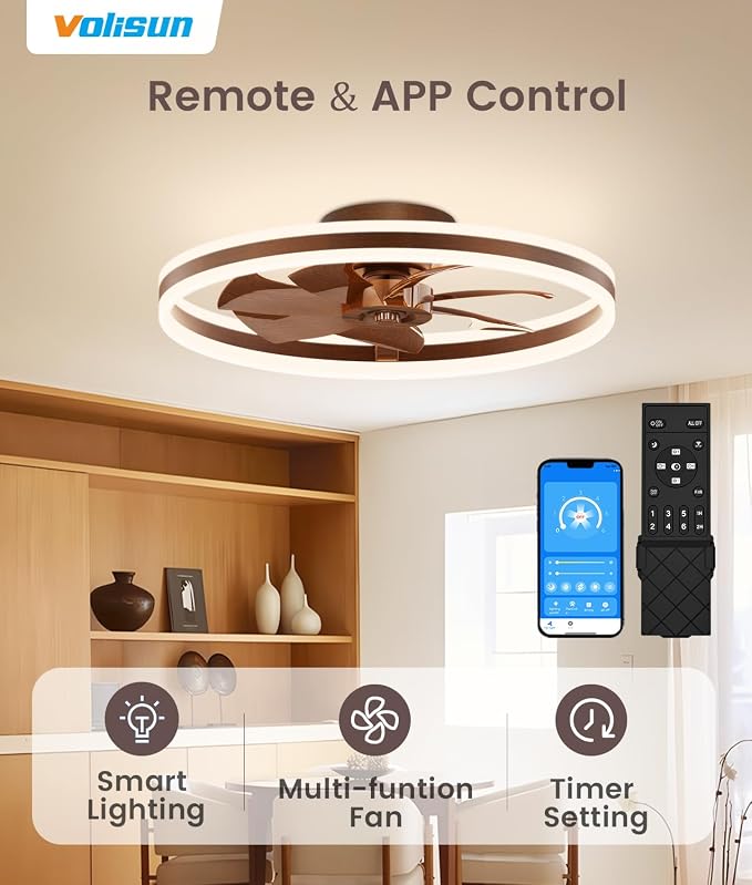 VOLISUN Low Profile Ceiling Fans with Lights and Remote, 24in Flush Mount Ceiling Fans with Light, 3000K-6500K Dimmable Fandelier LED Fan Light, Farmhouse Ceiling Fans with Lights for Bedroom