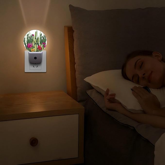 Round LED Night Light,Green Flowers Cactus Plants LED Night Light Plug into Wall with Dusk to Dawn Light Sensor White Energy Efficient Nightlight for Bedroom Hallway Living Room Kitchen