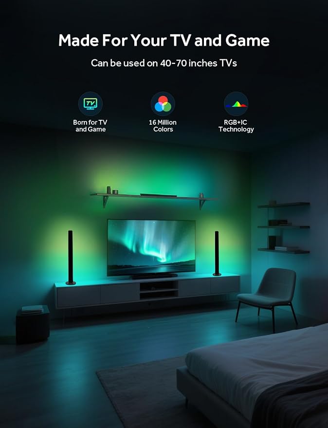 Smart LED Light Bars, Gaming Lights RGB Light Bar, 16 Million Colors Multiple Lighting Effects TV Backlights, APP Control, Remote Control, Music Sync for PC, Room Decorative, Ambient Lighting