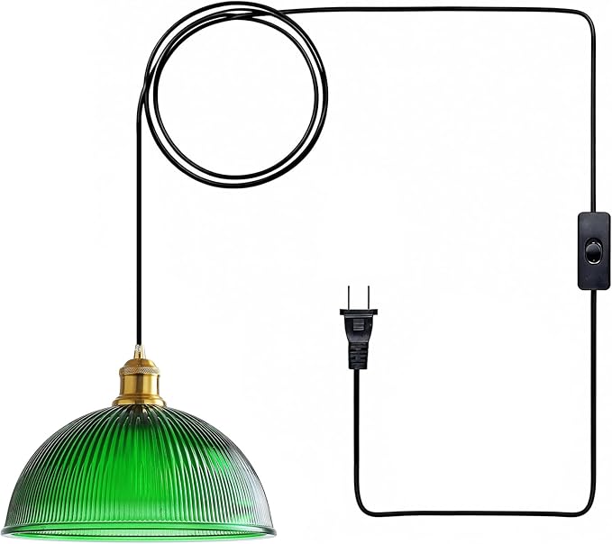 XZHGCEE Plug in Pendant Light: Hanging Light Plug in Green Glass Hanging Lamp, Pendant Lighting for Kitchen Island, Bedroom, Dining Room, Living Room, No Bulb