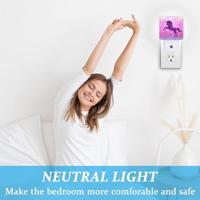 Cartoon Horse Silhouette Night Light, Plug-into Wall Pink Purple Glitter Nightlight Lamp with Dusk to Dawn Sensor, Led Lamp 0.5W Energy Efficient for Boys Girls Adults Home Decor