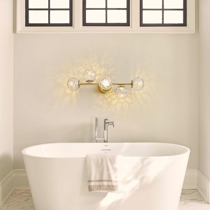 LED Brushed Gold Modern Hammered Glass Globe Bathroom Vanity Light | Hammered Glass Globes, Stunning Ripple Reflections, Mid Century Modern Design, Brushed Gold Finish, Integrated LED Source