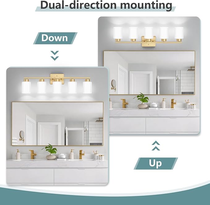 Gold Bathroom Light Fixtures Vanity Lighting Over Mirror | 5-Light Modern Wall Sconces with Milky White Frosted Glass Shades for Restroom (E26 Socket)