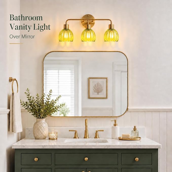 3-Light Gold Brass Bathroom Light Fixture,Wall Sconces,Brushed Gold Vanlity Light Over Mirror,Bathroom Vanity Light with Green Glass Flower Shade,E26 Socket(Bulbs Not Included)