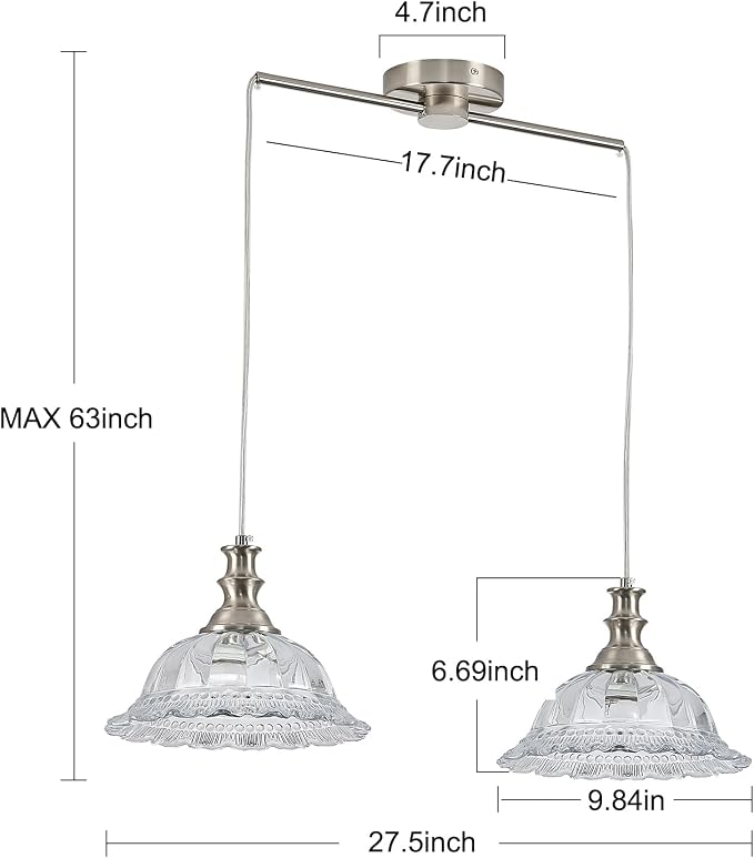 HDDFL 2 Light Pendant Light Fixtures Modern Glass Hanging Lights with Adjustable Cord for Kitchen Island Dining Room Living Room Hallway Brushed Nickel Metal