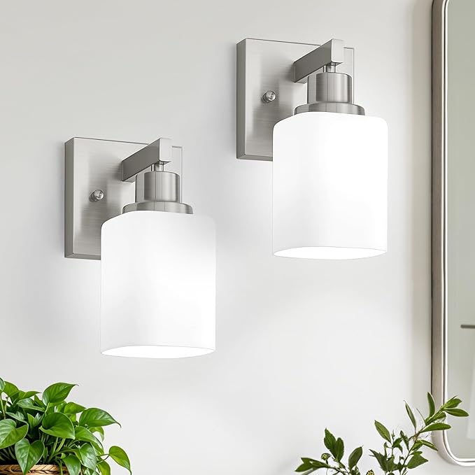 Bathroom Wall Sconces Set of 2,Brushed Nickel Wall Sconce,Vanity Light with Square Frosted Glass Wall Mounted Light Fixture,Farmhouse Wall Lamp for Bedroom Living Room Mirror Hallway
