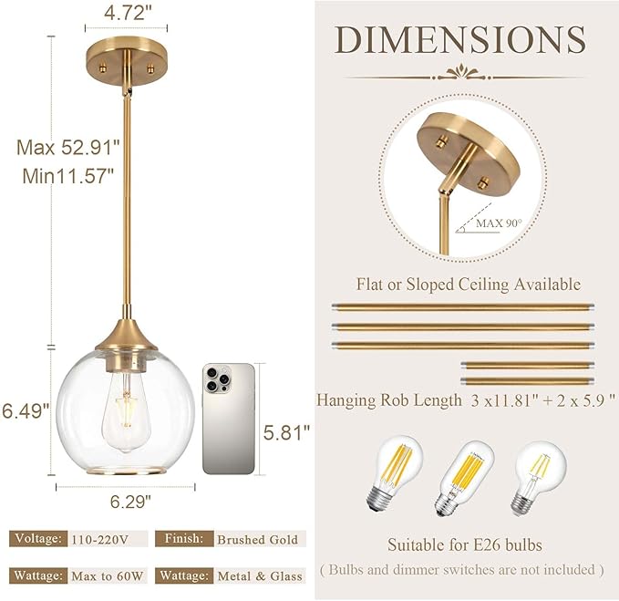 Pendant Lights Kitchen Island,Farmhouse Gold Pendant Light with Clear Glass Globe Shade,6.29" Glass Pendant Light for Finish Farmhouse Entryway Dining Room Kitchen Island 1Light