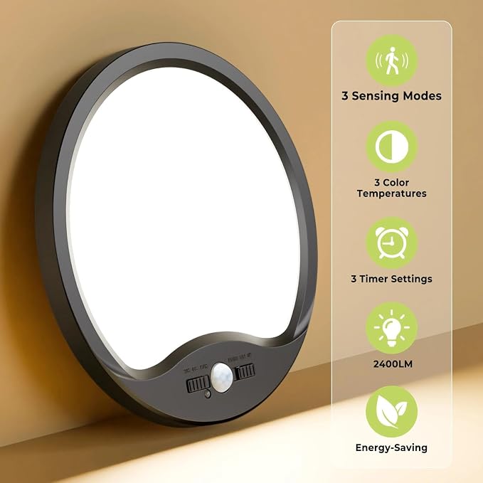 hepside Motion Sensor Ceiling Light Wired, 3000K/4000K/6500K LED Flush Mount Ceiling Light Fixture, 12Inch 24W Motion Sensor Light with Timer for Closet Stair Porch Hallway Pantry,Black