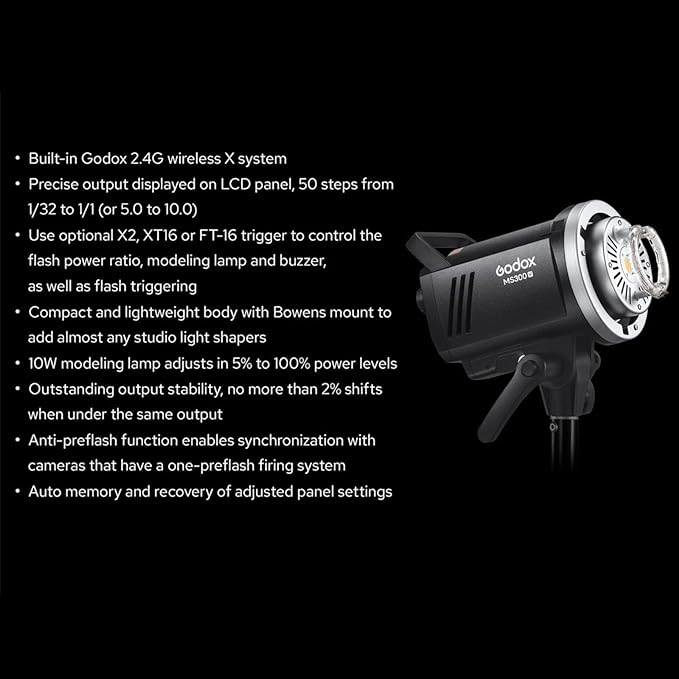 Godox MS300V 300W Compact Studio Strobe Flash Light - MS300 Upgraded Ver. | GN58 0.1-1.8s Recycle Time, 2.4G Wireless X System, Bowens Mount LED Modeling Lamp, for Photographic Studio Portrait Shooting