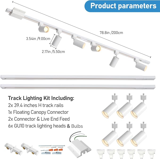 3-Color 6-Light LED Track Lighting Kit with 6.6FT H Track Lighting Rails & Canopy Connector, GU10 Dimmable Track Light Kit, Modern Kitchen Track Lighting Fixtures Ceiling Spot Light, White