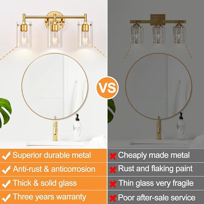 Bathroom Light Fixtures, 3-Light Brushed Gold Vanity Light, Gold Bathroom Lights Over Mirror with Clear Glass Shade, Wall Sconces for Mirror Bedroom Living Room Hallway