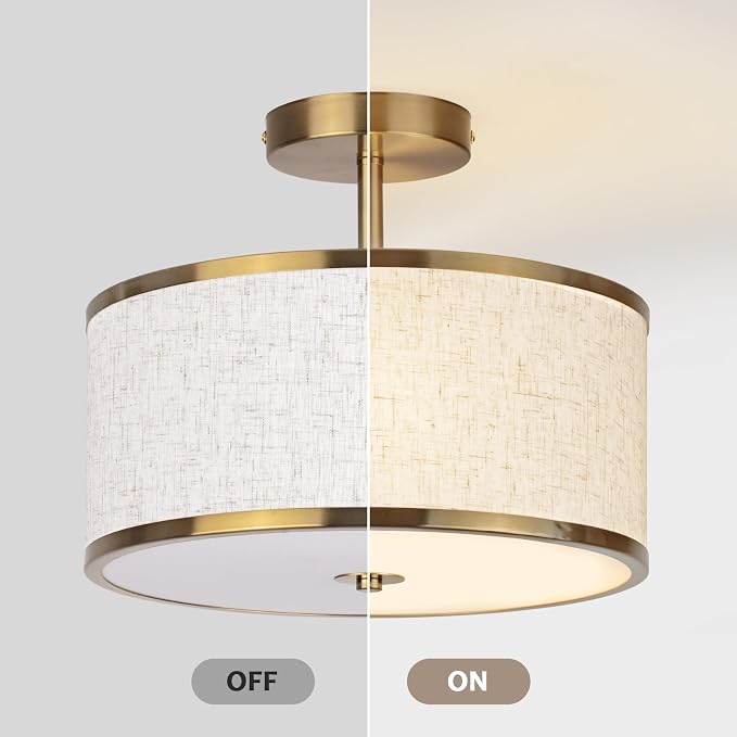 CALOKES 12.6 Inch Semi Flush Mount Ceiling Light, 3-Light Drum Lamp with Gold Brass Finish and Beige Shade, Ideal for Bedroom, Kitchen, Dining Room, Hallway, Entryway, and Foyer,